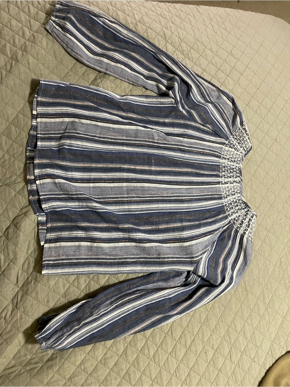 Striped Smocked Yoke Long-Sleeve Blouse in Blue